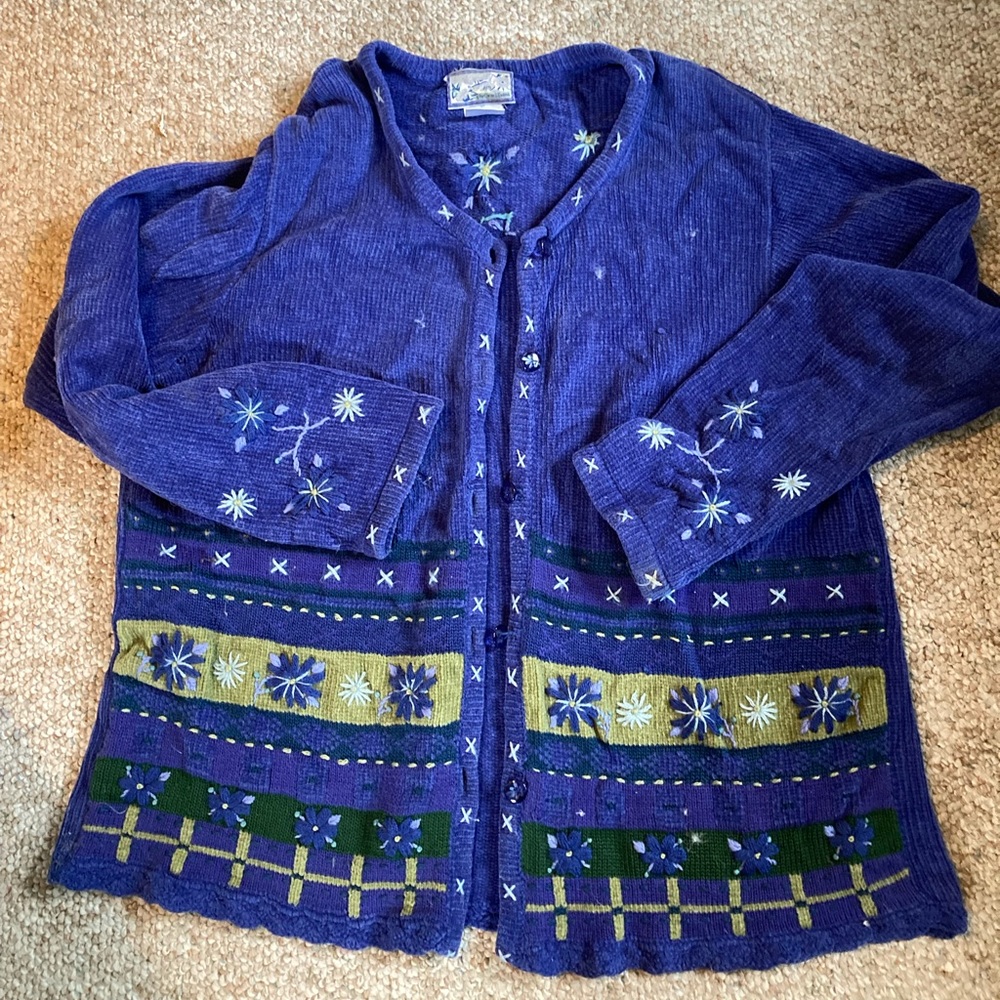 April Cornell blue cardigan with embroidery